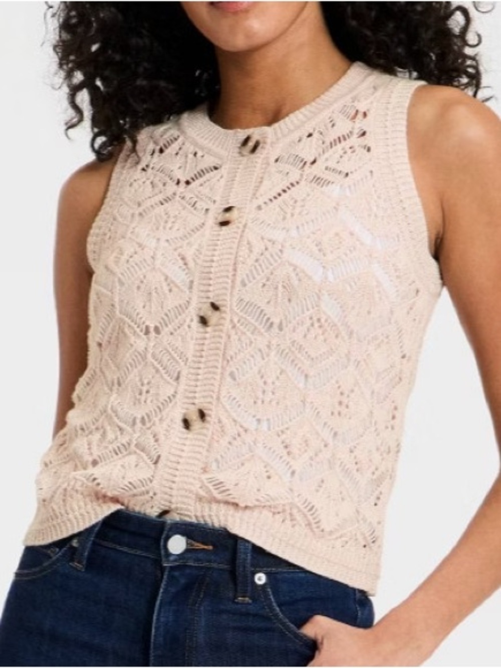 Universal Thread Crochet Knit Sleeveless Button Front Top - Beige b246